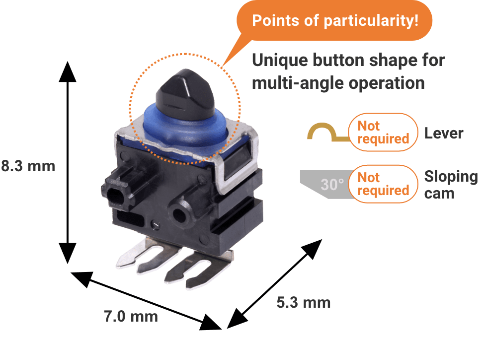 Points of particularity! Unique button shape for multi-angle operation. Not required Lever, Not required Sloping cam