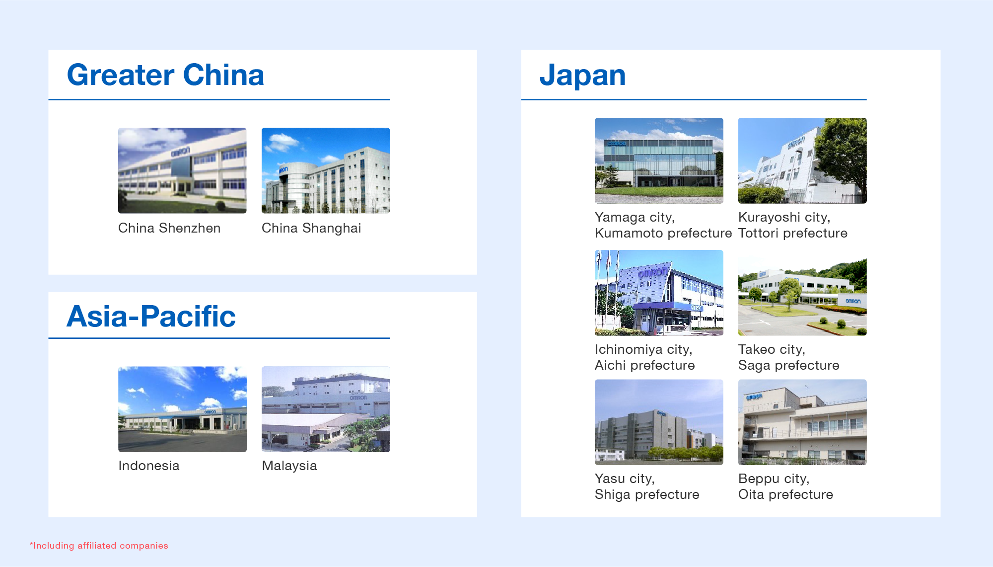 Greater China (Shenzhen, China / Shanghai, China), Japan (Yamaga city, Kumamoto prefecture / Kurayoshi city, Tottori prefecture / Ichinomiya city, Aichi prefecture / Takeo city, Saga prefecture / Yasu city, Shiga prefecture / Beppu city, Oita prefecture), Asia-Pacific (Indonesia / Malaysia)