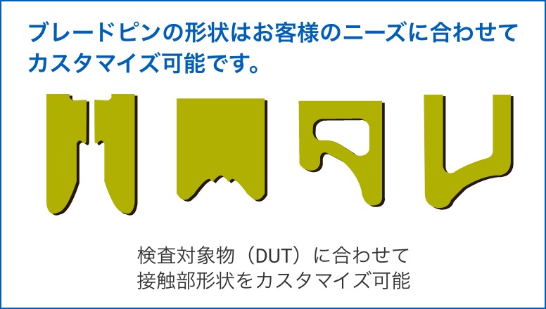 ブレードピンの形状はお客様のニーズに合わせてカスタマイズ可能です。検査対象物(DUT)に合わせて接触部形状をカスタマイズ可能。