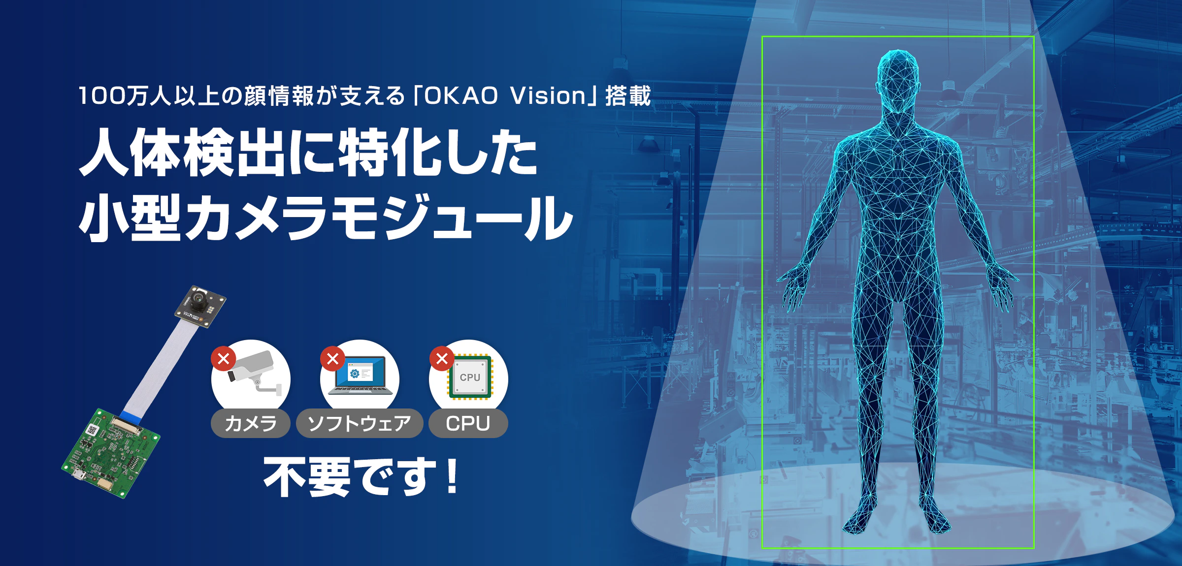 100万人以上の顔情報が支える「OKAO Vision」搭載。人体検出に特化した小型カメラモジュール。カメラ・ソフトウェア・CPU不要です!