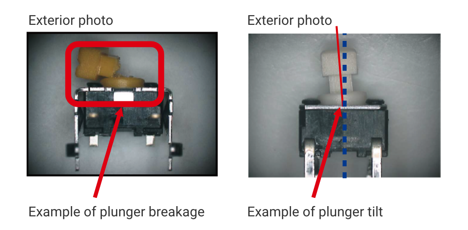 Exterior photo:Example of plunger breakage / Exterior photo:Example of plunger tilt