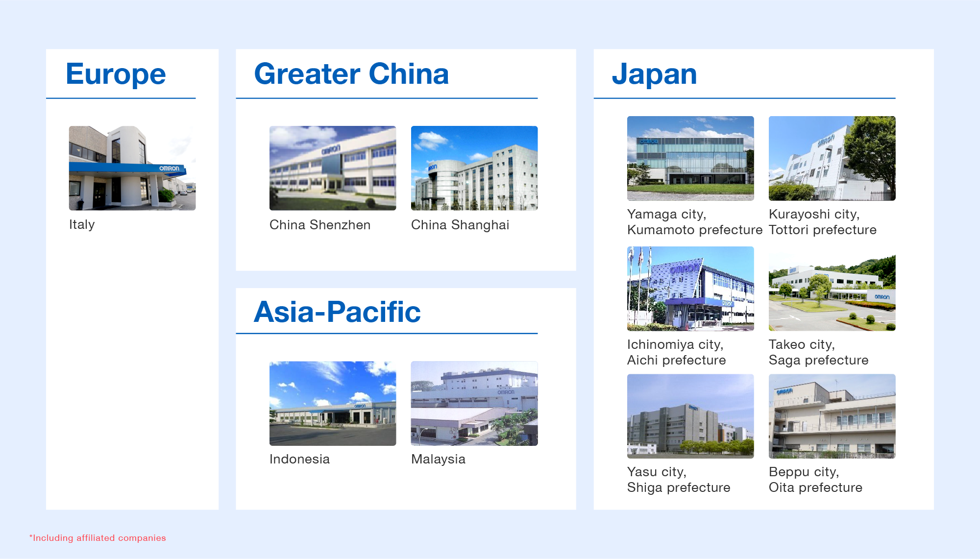Europe (Italy), Greater China (Shenzhen, China / Shanghai, China), Japan (Yamaga city, Kumamoto prefecture / Kurayoshi city, Tottori prefecture / Ichinomiya city, Aichi prefecture / Takeo city, Saga prefecture / Yasu city, Shiga prefecture / Beppu city, Oita prefecture), Asia-Pacific (Indonesia / Malaysia)