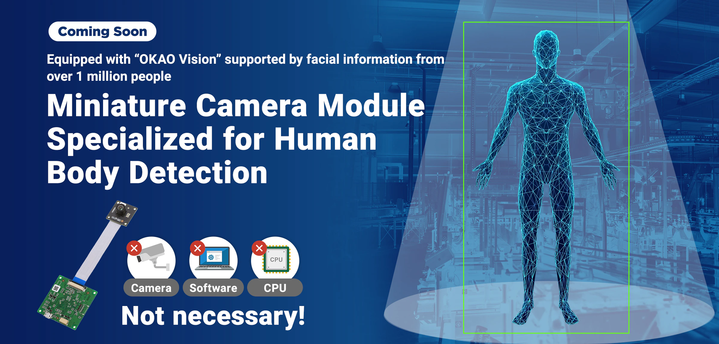 Equipped with “OKAO Vision” supported by facial information from over 1 million people Miniature Camera Module Specialized for Human Body Detection Not necessary! Camera, Software, CPU